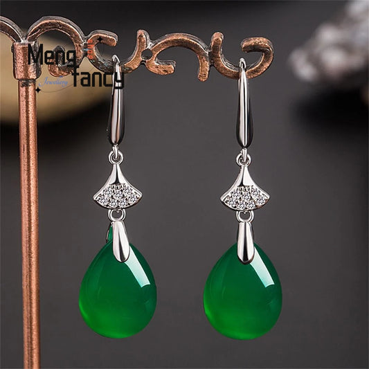 Natural Green Jade Chalcedony Water Drop Earrings | 925 Silver Statement Jewelry | Luxury Fashion for Young Women