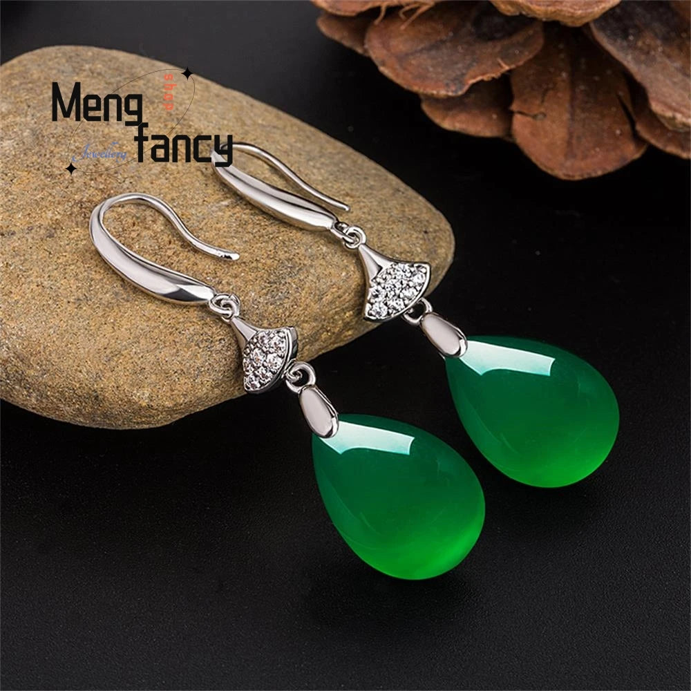 Natural Green Jade Chalcedony Water Drop Earrings | 925 Silver Statement Jewelry | Luxury Fashion for Young Women