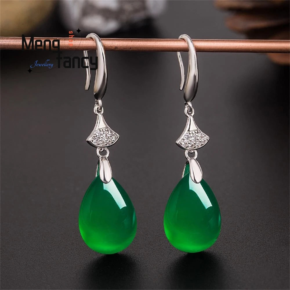 Natural Green Jade Chalcedony Water Drop Earrings | 925 Silver Statement Jewelry | Luxury Fashion for Young Women