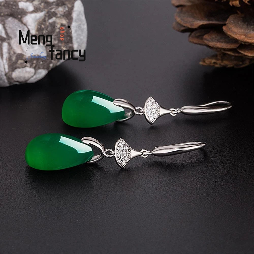 Natural Green Jade Chalcedony Water Drop Earrings | 925 Silver Statement Jewelry | Luxury Fashion for Young Women