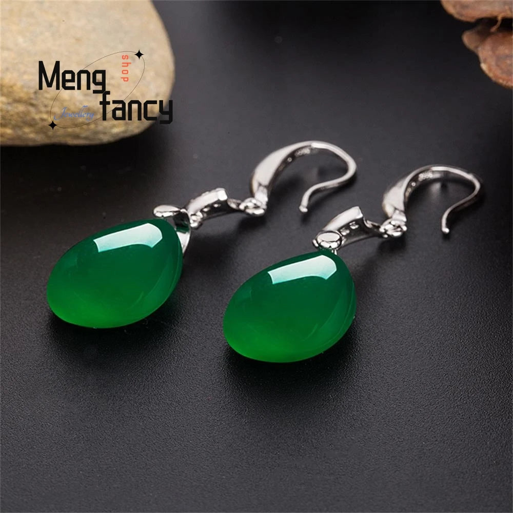 Natural Green Jade Chalcedony Water Drop Earrings | 925 Silver Statement Jewelry | Luxury Fashion for Young Women