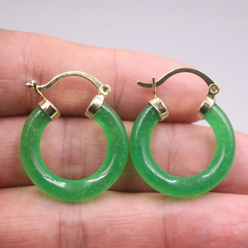 Radiant Beauty: 18K Yellow Gold-Plated Green Jade Circle Hoop Earrings (0.98 Inch)