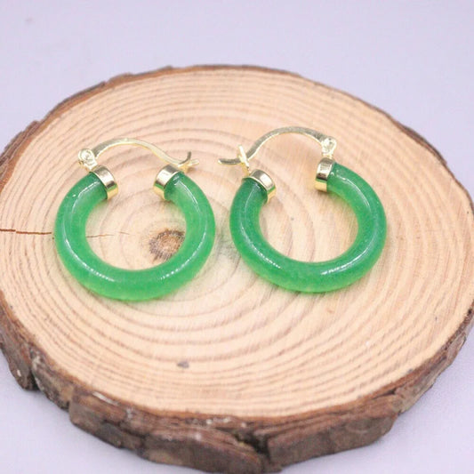 Radiant Beauty: 18K Yellow Gold-Plated Green Jade Circle Hoop Earrings (0.98 Inch)