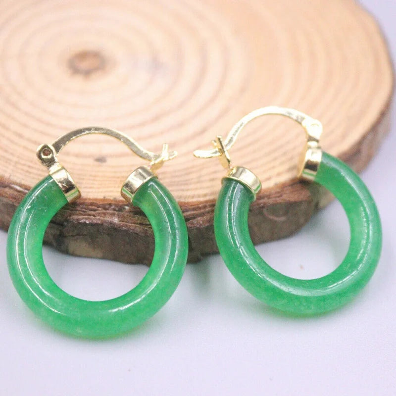 Radiant Beauty: 18K Yellow Gold-Plated Green Jade Circle Hoop Earrings (0.98 Inch)