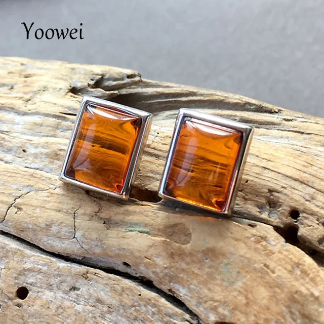 Amber Earrings for Women | S925 Silver Rectangle Floral Studs | Geometric Trendy Natural Cognac Stone Jewelry Gifts