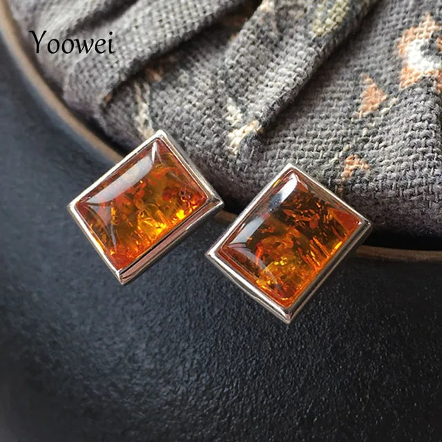 Amber Earrings for Women | S925 Silver Rectangle Floral Studs | Geometric Trendy Natural Cognac Stone Jewelry Gifts