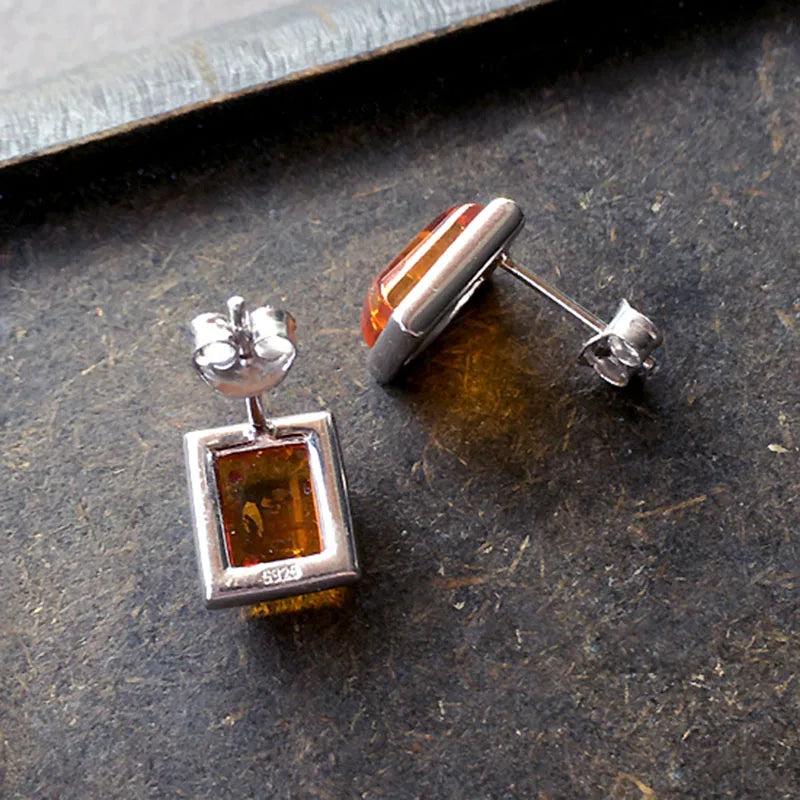 Amber Earrings for Women | S925 Silver Rectangle Floral Studs | Geometric Trendy Natural Cognac Stone Jewelry Gifts