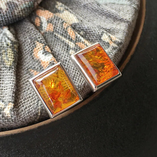 Amber Earrings for Women | S925 Silver Rectangle Floral Studs | Geometric Trendy Natural Cognac Stone Jewelry Gifts