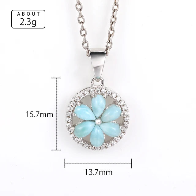 Retro Flower Larimar Pendant Necklace - 925 Sterling Silver Charm Jewelry