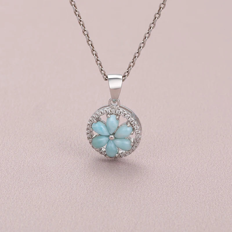 Retro Flower Larimar Pendant Necklace - 925 Sterling Silver Charm Jewelry