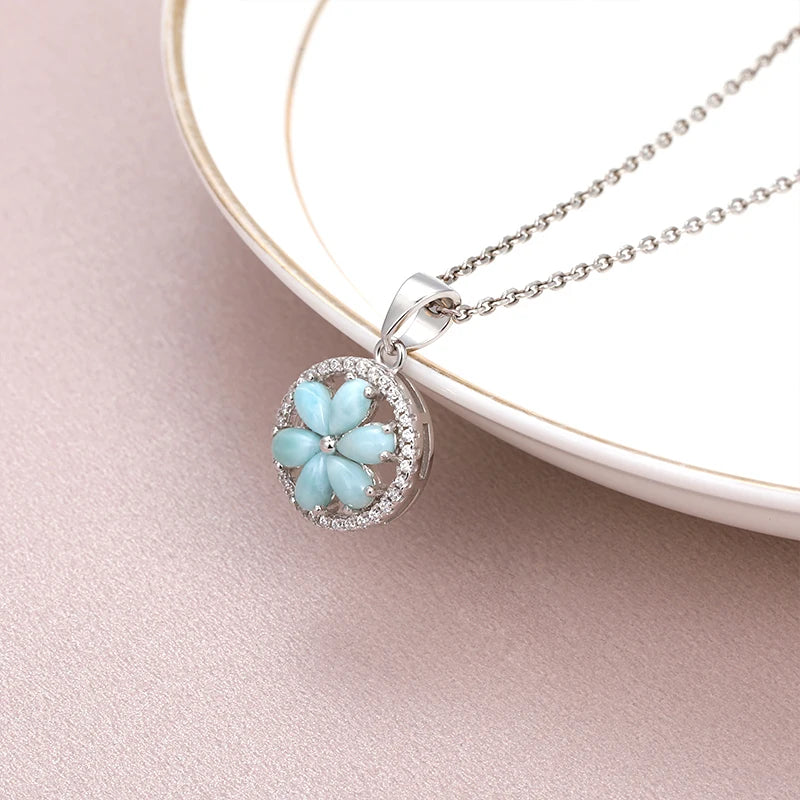 Retro Flower Larimar Pendant Necklace - 925 Sterling Silver Charm Jewelry