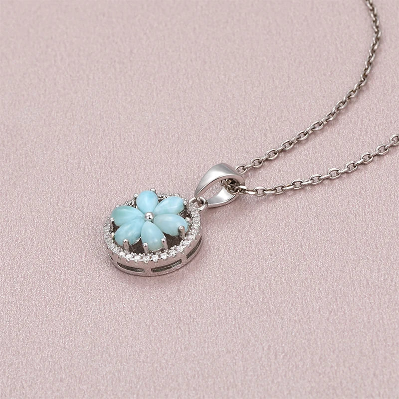 Retro Flower Larimar Pendant Necklace - 925 Sterling Silver Charm Jewelry