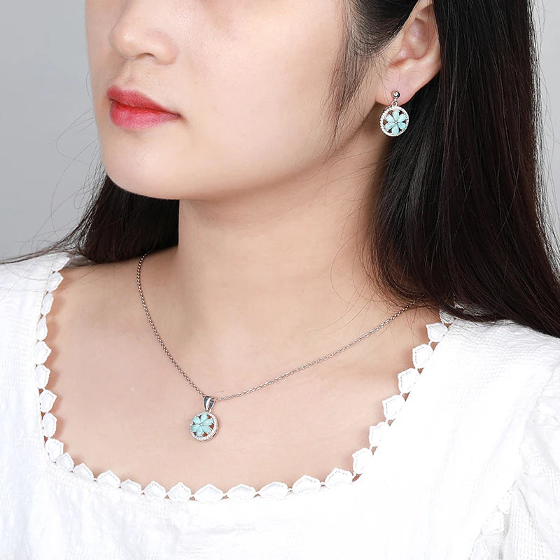 Retro Flower Larimar Pendant Necklace - 925 Sterling Silver Charm Jewelry