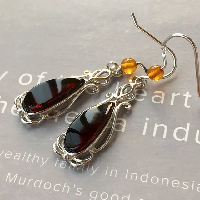 Trendy Red Flower Baltic Amber Earrings