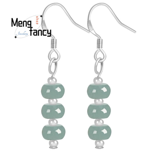 Exquisite Elegance: Silver Inlaid Natural A-Goods Jadeite Blue Water Abacus Beads Ice Jade Earrings