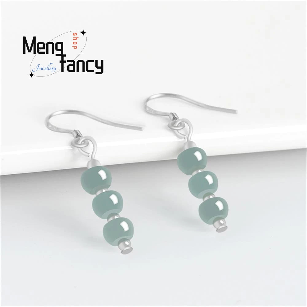 Exquisite Elegance: Silver Inlaid Natural A-Goods Jadeite Blue Water Abacus Beads Ice Jade Earrings