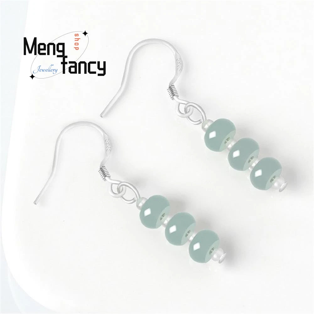 Exquisite Elegance: Silver Inlaid Natural A-Goods Jadeite Blue Water Abacus Beads Ice Jade Earrings