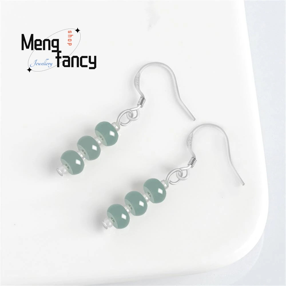 Exquisite Elegance: Silver Inlaid Natural A-Goods Jadeite Blue Water Abacus Beads Ice Jade Earrings