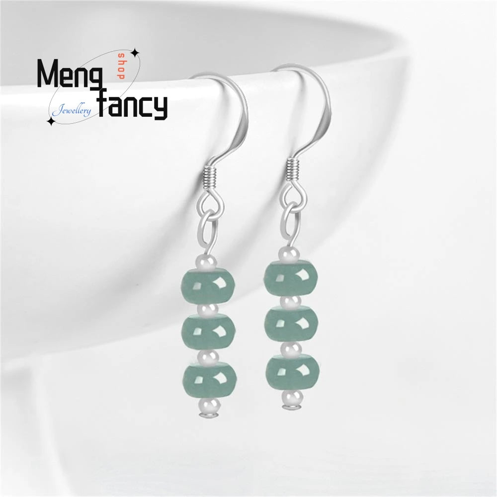 Exquisite Elegance: Silver Inlaid Natural A-Goods Jadeite Blue Water Abacus Beads Ice Jade Earrings