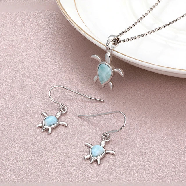 Sea Turtle Charm 925 Sterling Silver Zircon Necklace | Natural Dominica Larimar Pendant