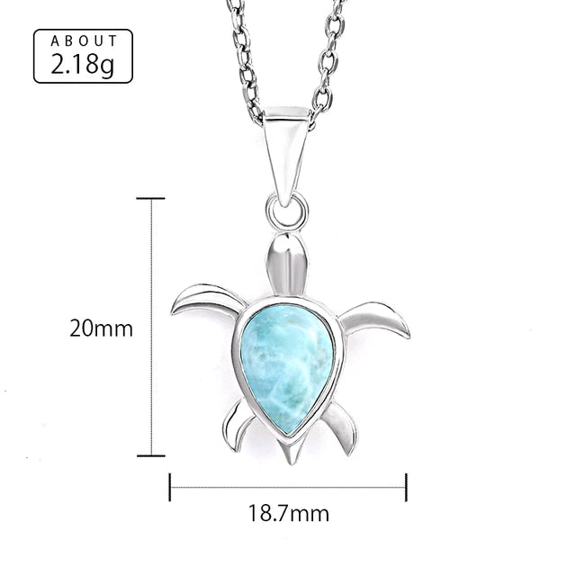 Sea Turtle Charm 925 Sterling Silver Zircon Necklace | Natural Dominica Larimar Pendant