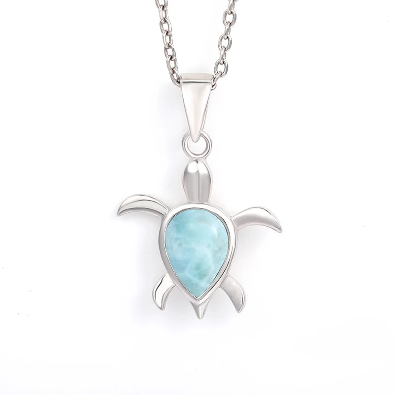 Sea Turtle Charm 925 Sterling Silver Zircon Necklace | Natural Dominica Larimar Pendant