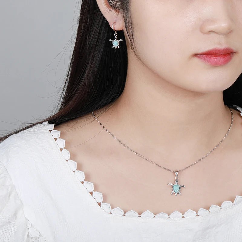 Sea Turtle Charm 925 Sterling Silver Zircon Necklace | Natural Dominica Larimar Pendant