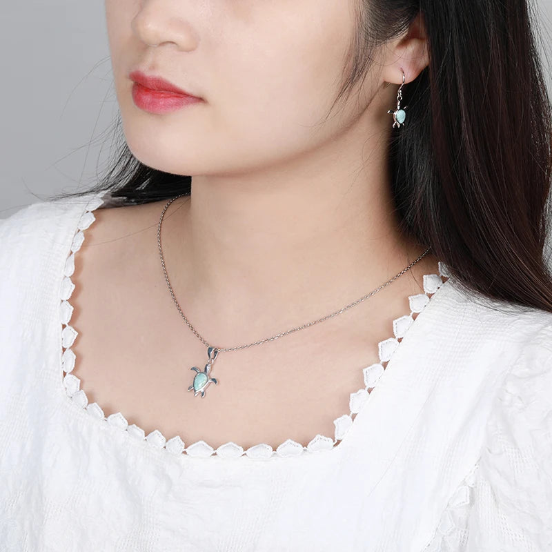 Sea Turtle Charm 925 Sterling Silver Zircon Necklace | Natural Dominica Larimar Pendant