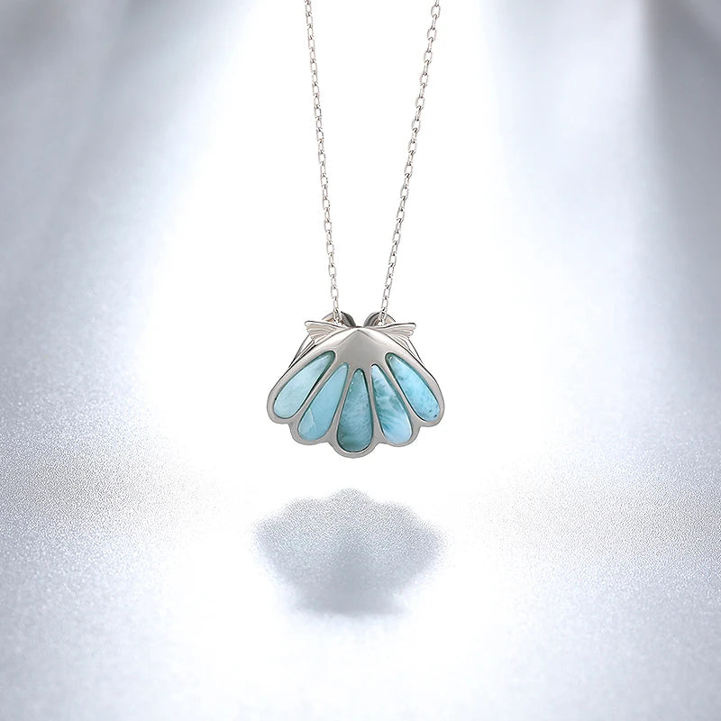 Classic Shell Design 925 Sterling Silver Larimar Pendant Necklace