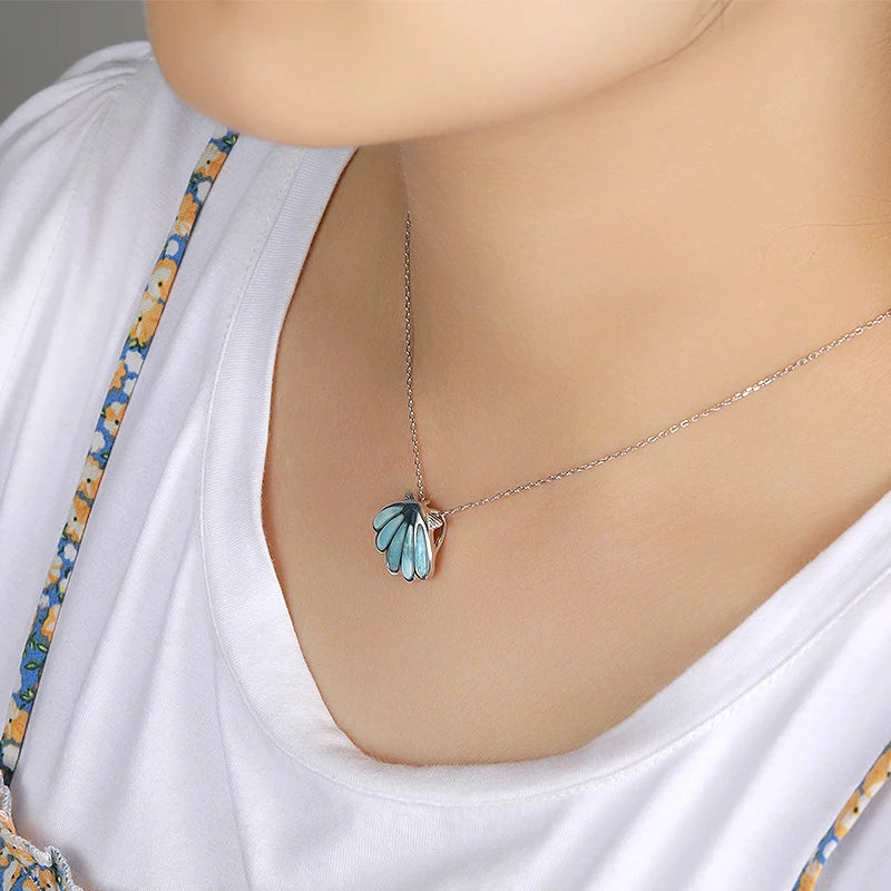 Classic Shell Design 925 Sterling Silver Larimar Pendant Necklace