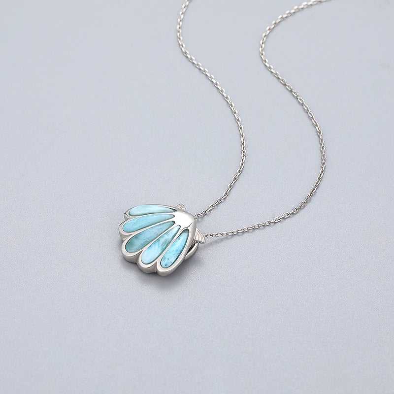 Classic Shell Design 925 Sterling Silver Larimar Pendant Necklace