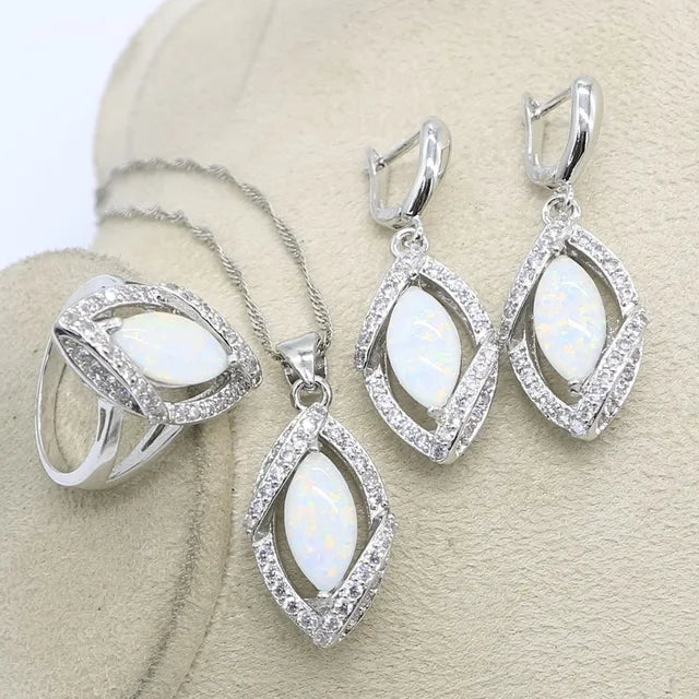 Classic 925 Sterling Silver White Opal Jewelry Set - Ring, Earrings, Pendant