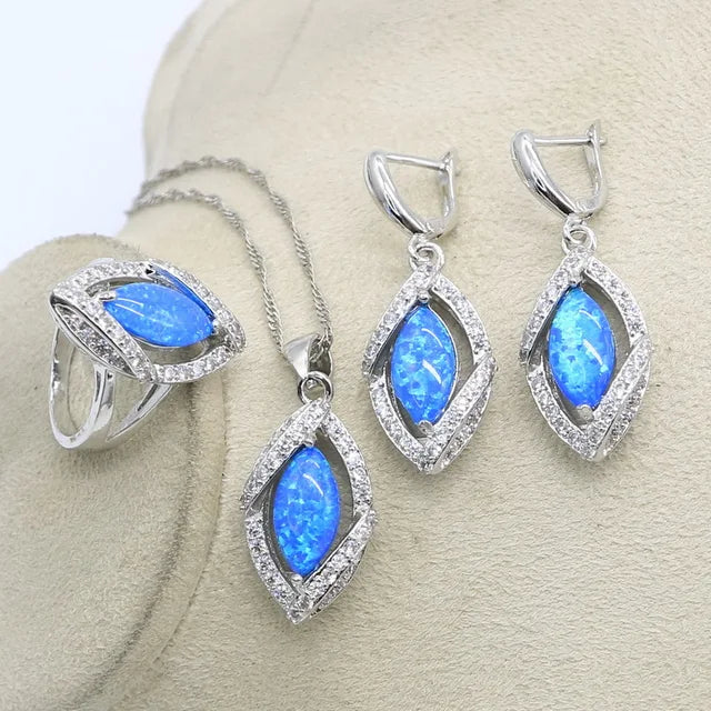 Classic 925 Sterling Silver White Opal Jewelry Set - Ring, Earrings, Pendant