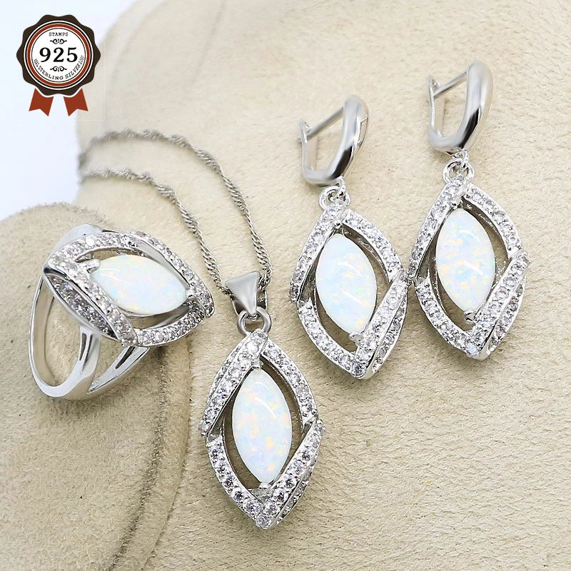 Classic 925 Sterling Silver White Opal Jewelry Set - Ring, Earrings, Pendant