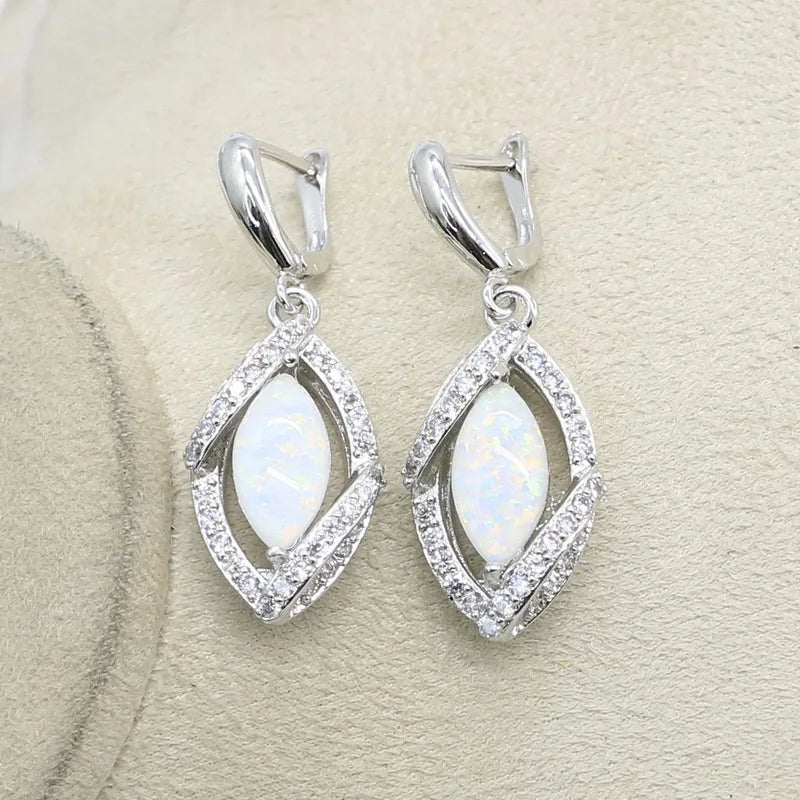 Classic 925 Sterling Silver White Opal Jewelry Set - Ring, Earrings, Pendant