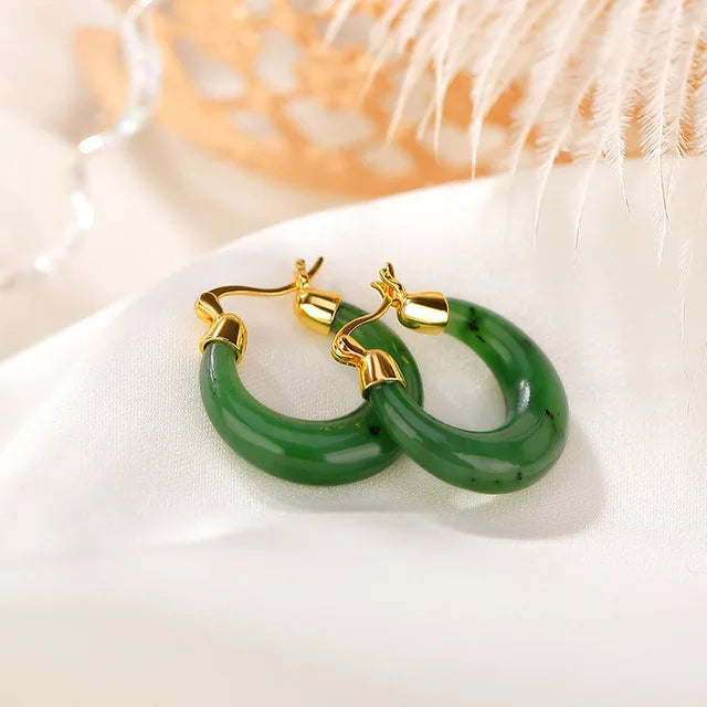 Elegance Redefined: Jade Hoop Earrings with Natural Gemstones in Glossy 925 Silver and Gold Accents