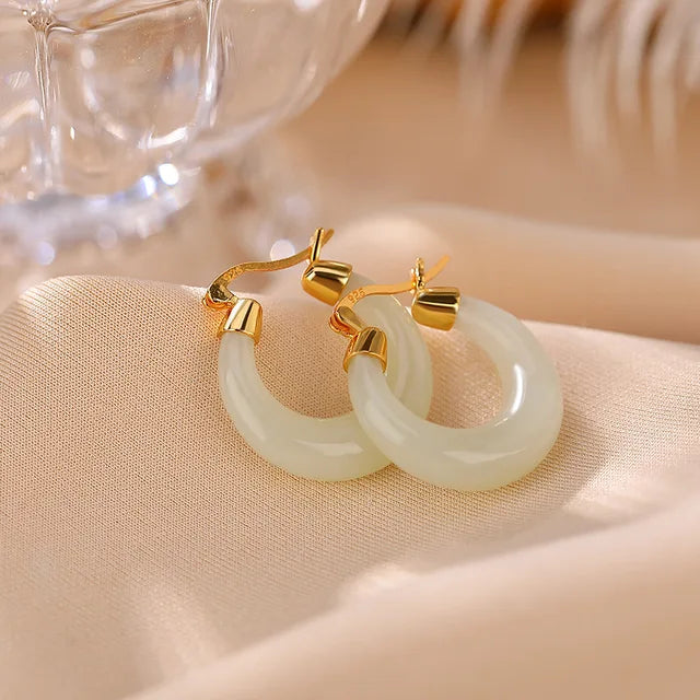 Elegance Redefined: Jade Hoop Earrings with Natural Gemstones in Glossy 925 Silver and Gold Accents