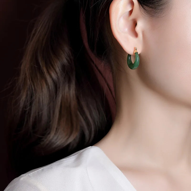 Elegance Redefined: Jade Hoop Earrings with Natural Gemstones in Glossy 925 Silver and Gold Accents