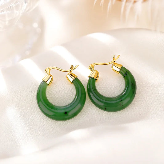 Elegance Redefined: Jade Hoop Earrings with Natural Gemstones in Glossy 925 Silver and Gold Accents