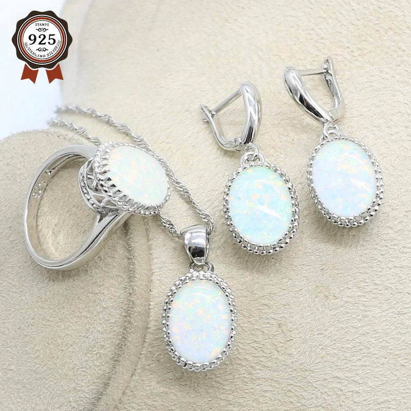 Iridescent Opulence: Opal Silver Jewelry Set - 925 Sterling Silver Ring, Earrings, and Pendant