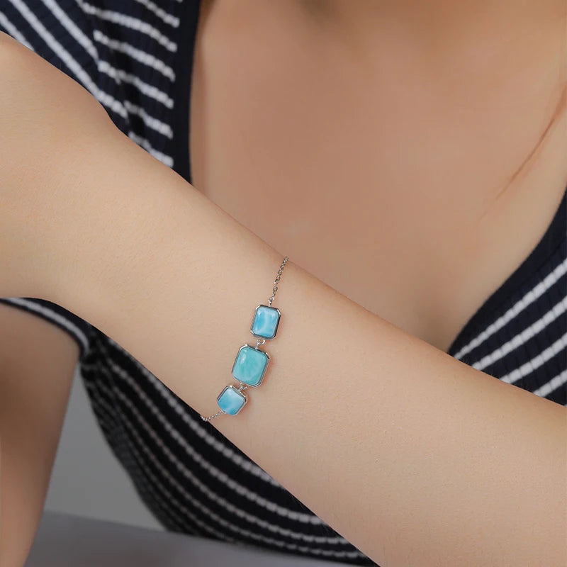 925 Silver Gift Natural Blue Larimar Square Bracelet