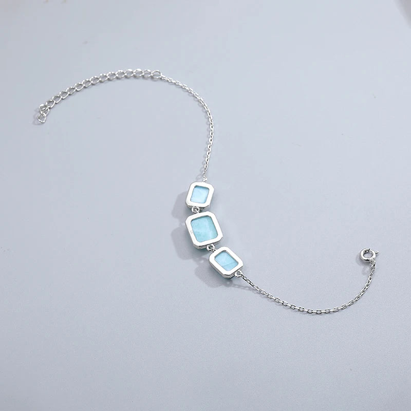 925 Silver Gift Natural Blue Larimar Square Bracelet