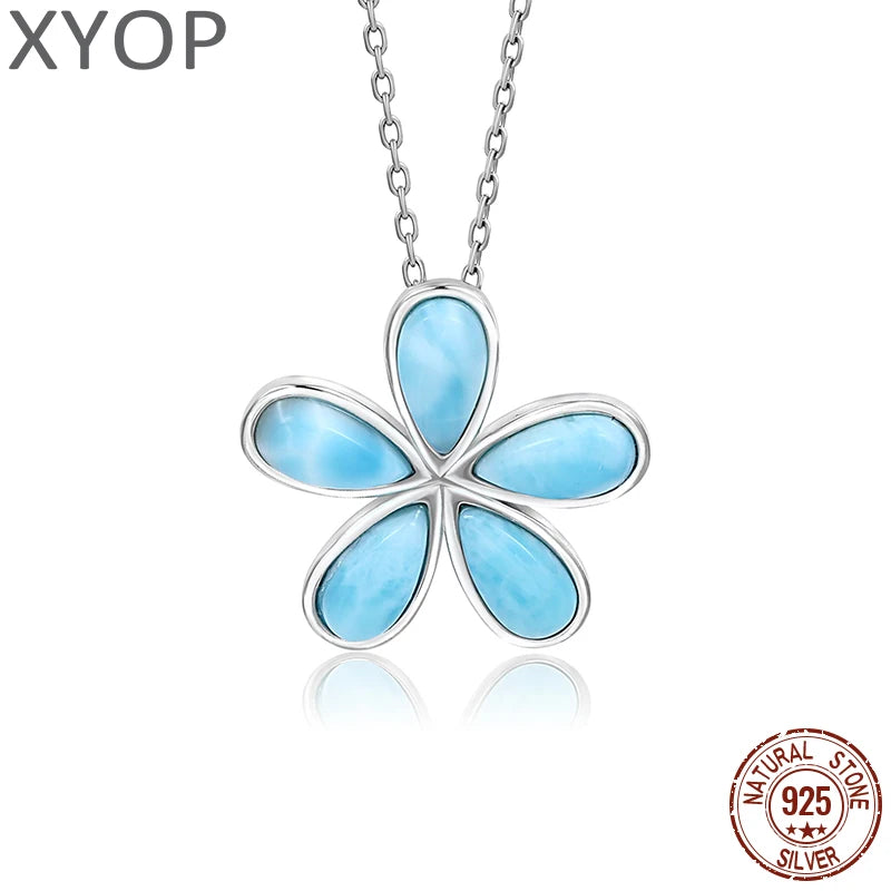 Natural Larimar Blue Five-Petal Flower Pendant | Elegant 925 Sterling Silver Necklace