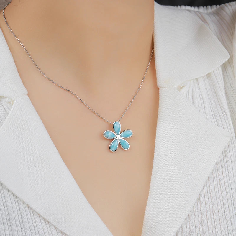 Natural Larimar Blue Five-Petal Flower Pendant | Elegant 925 Sterling Silver Necklace