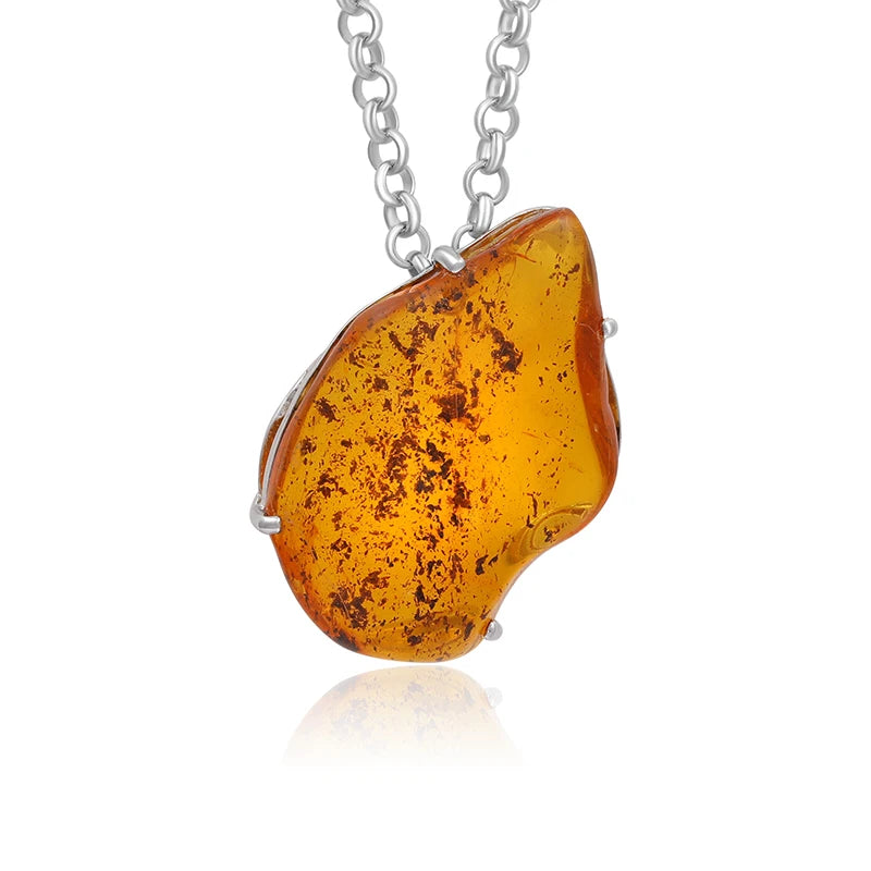 Unique Natural Red Yellow Resin Amber 925 Sterling Silver Pendant Necklace