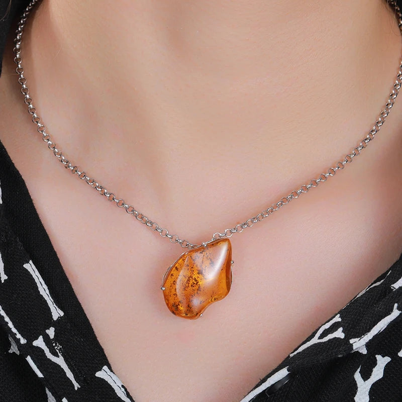 Unique Natural Red Yellow Resin Amber 925 Sterling Silver Pendant Necklace