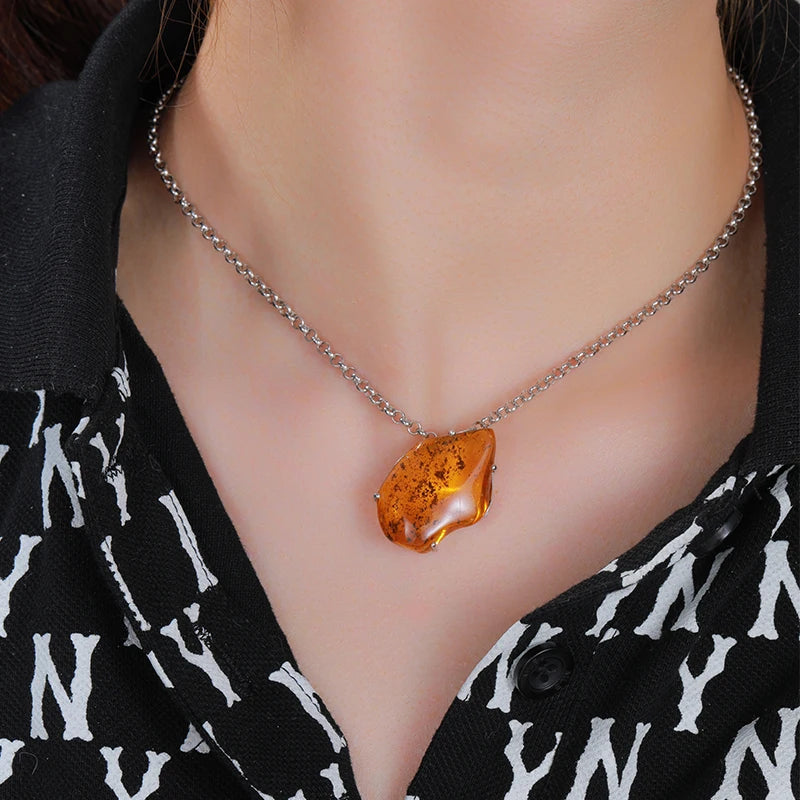 Unique Natural Red Yellow Resin Amber 925 Sterling Silver Pendant Necklace