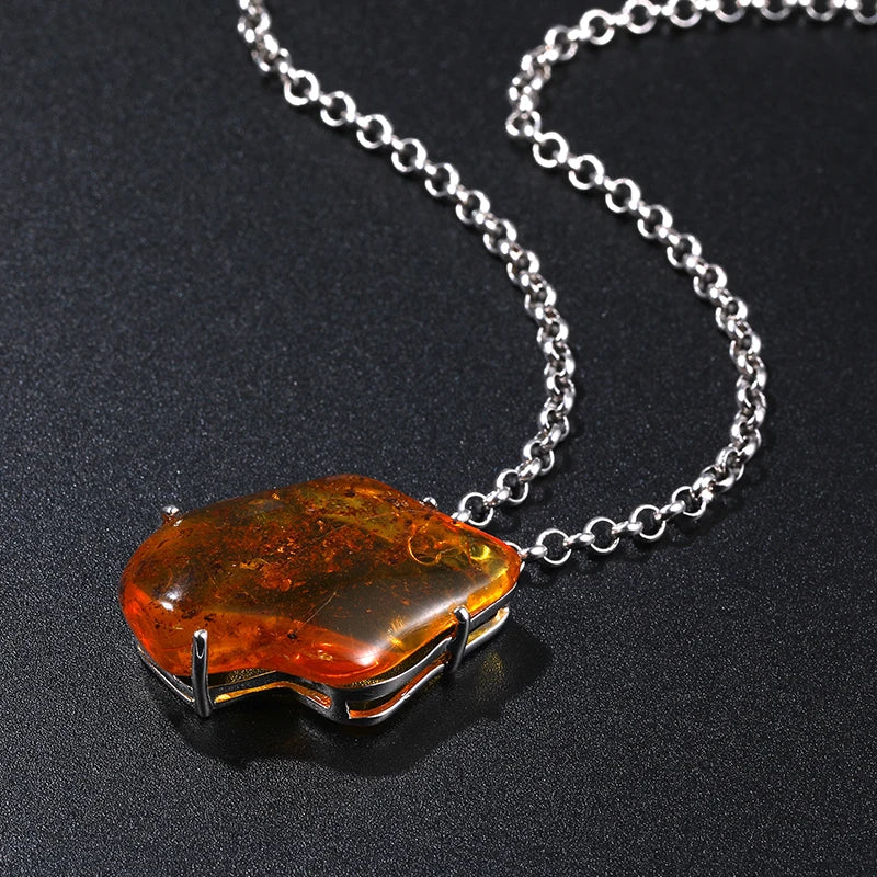 Unique Natural Red Yellow Resin Amber 925 Sterling Silver Pendant Necklace