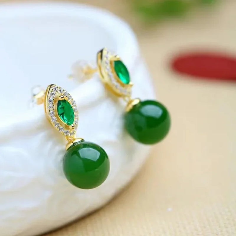 Green Jade Bead Crystal Amulet Earrings | Fashion Zircon Jewelry | 925 Silver Natural Chalcedony Studs