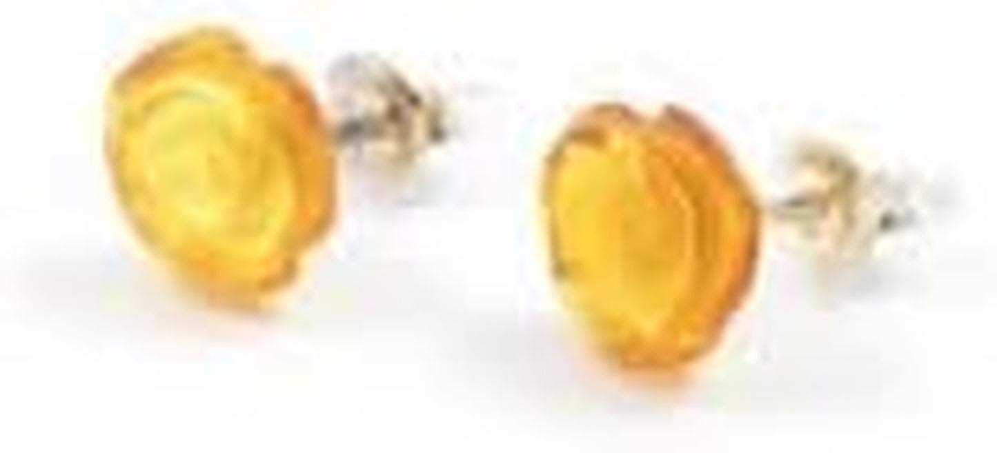 Genuine Baltic Amber Rose Stud Earrings with Sterling Silver – Handcrafted Elegance